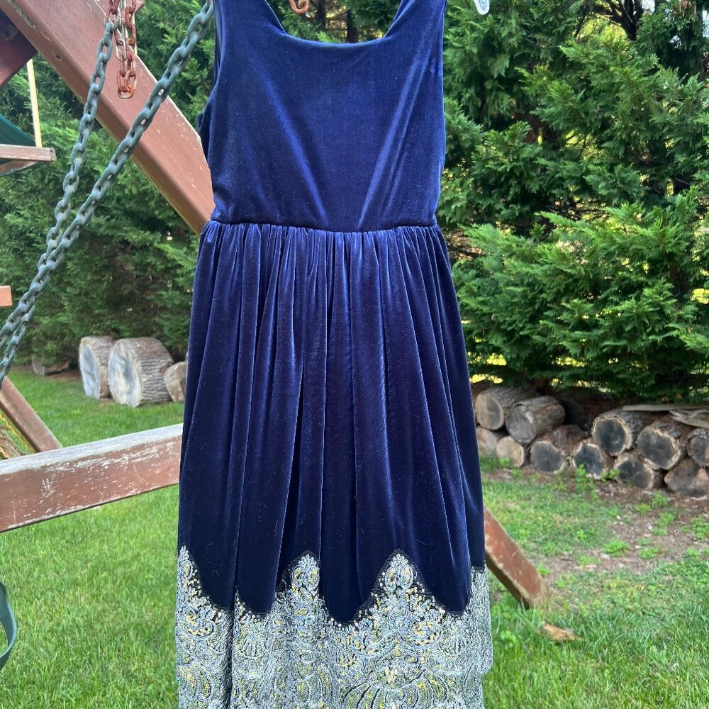 Navy Velvet Dress with Fancy Silver Trim Girls size 8